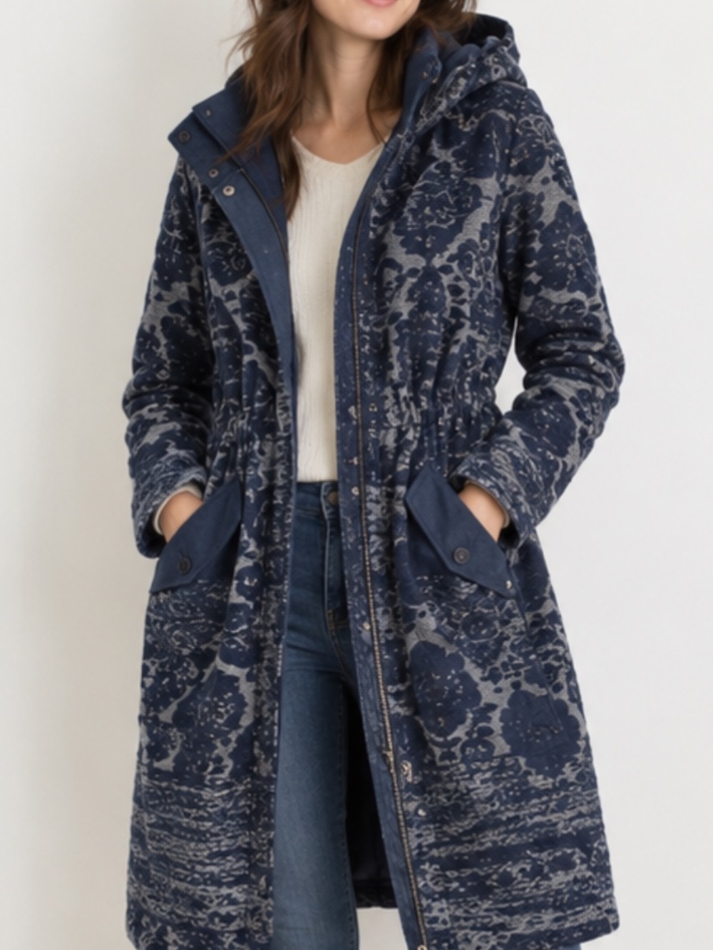 Anthropologie Navy and Gray Floral Hooded Trench